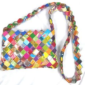 Vintage Multi Color Recycled Wrappers Pocketbook Handbag‎ w Strap Rare New